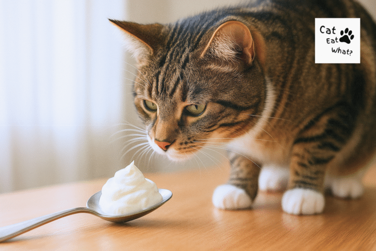 Can Cats Eat Sour Cream ? Tabby cat Osmo leaning toward a stainless-steel spoon topped with sour cream on a wooden table.