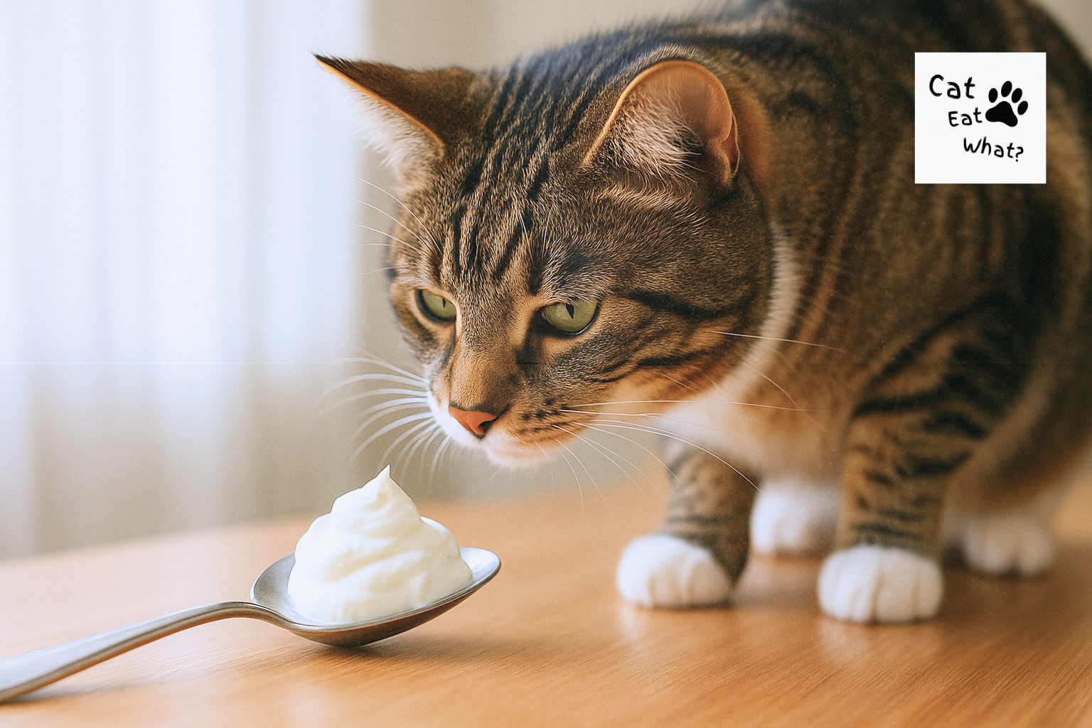 Can Cats Eat Sour Cream ? Tabby cat Osmo leaning toward a stainless-steel spoon topped with sour cream on a wooden table.