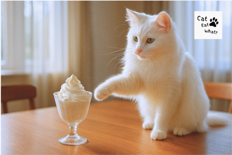 Can Cats Eat Whipped Cream? Long-haired white cat Safka standing on a wooden dining table, reaching a paw toward a glass dessert cup filled with whipped cream.